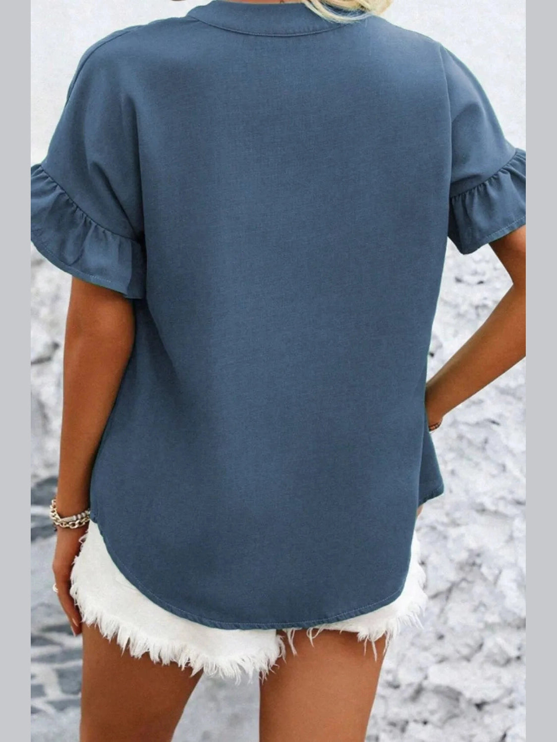 Ruffled Ruched Short Sleeve Button Down Shirt