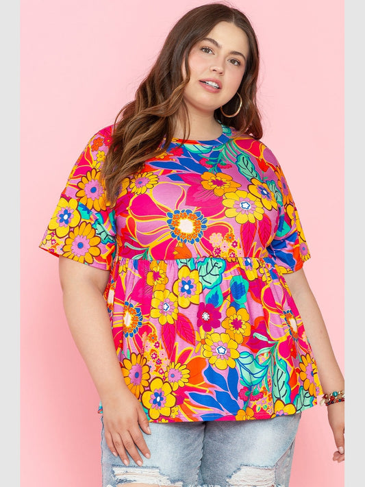 Plus Size Women Floral Printed Round Neck Short Sleeve Top NicholesGifts