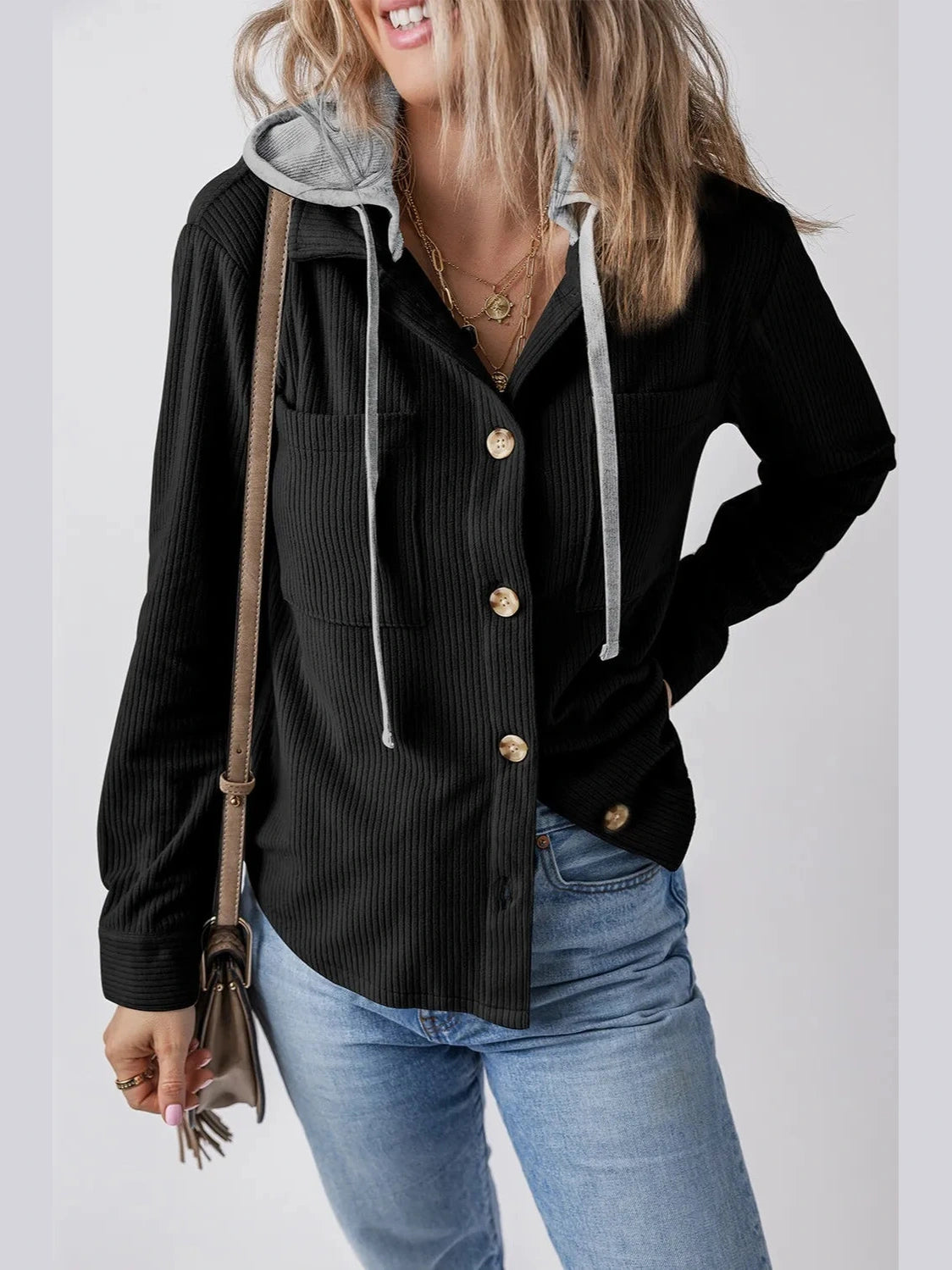 Drawstring Button Up Long Sleeve Hooded Jacket nicholesgifts