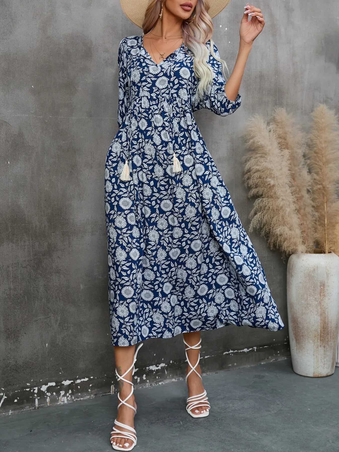 Printed Tie Neck Midi Dress NicholesGifts