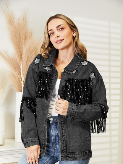 Fringe Detail Long Sleeve Denim Jacket nicholesgifts