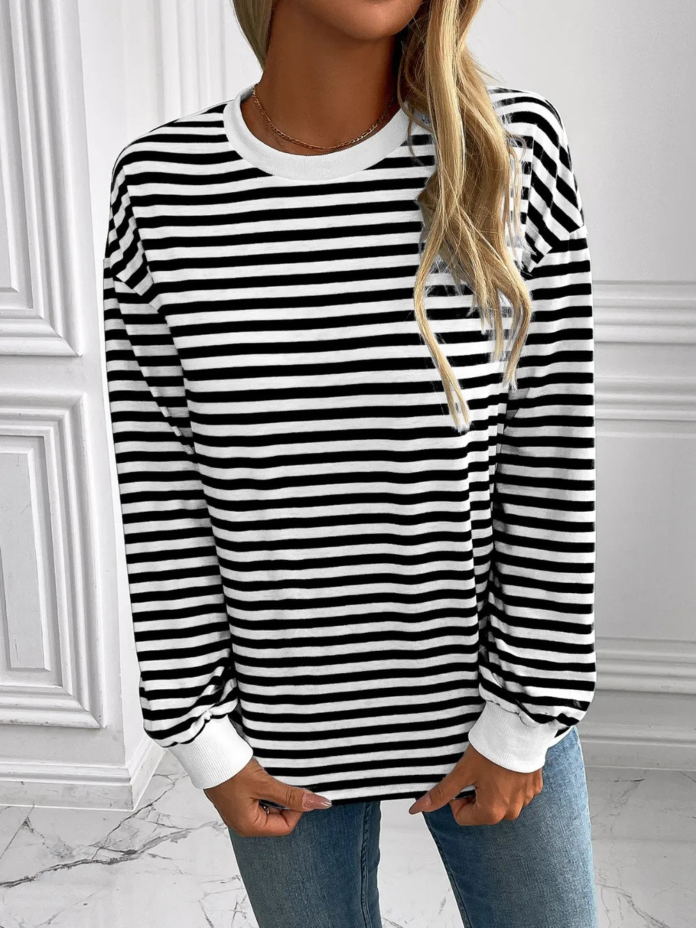 Ivy Lane Striped Round Neck Long Sleeve Sweatshirt Trendsi