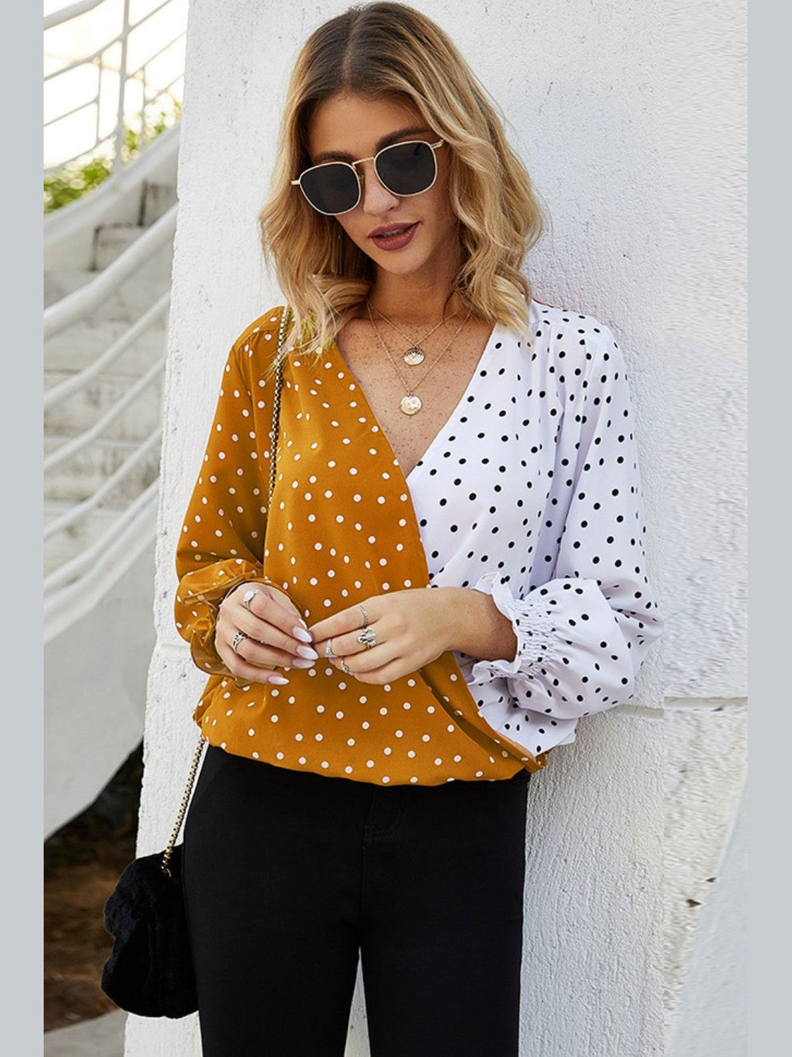Ivy Lane Polka Dot Surplice Neck Lantern Sleeve Blouse