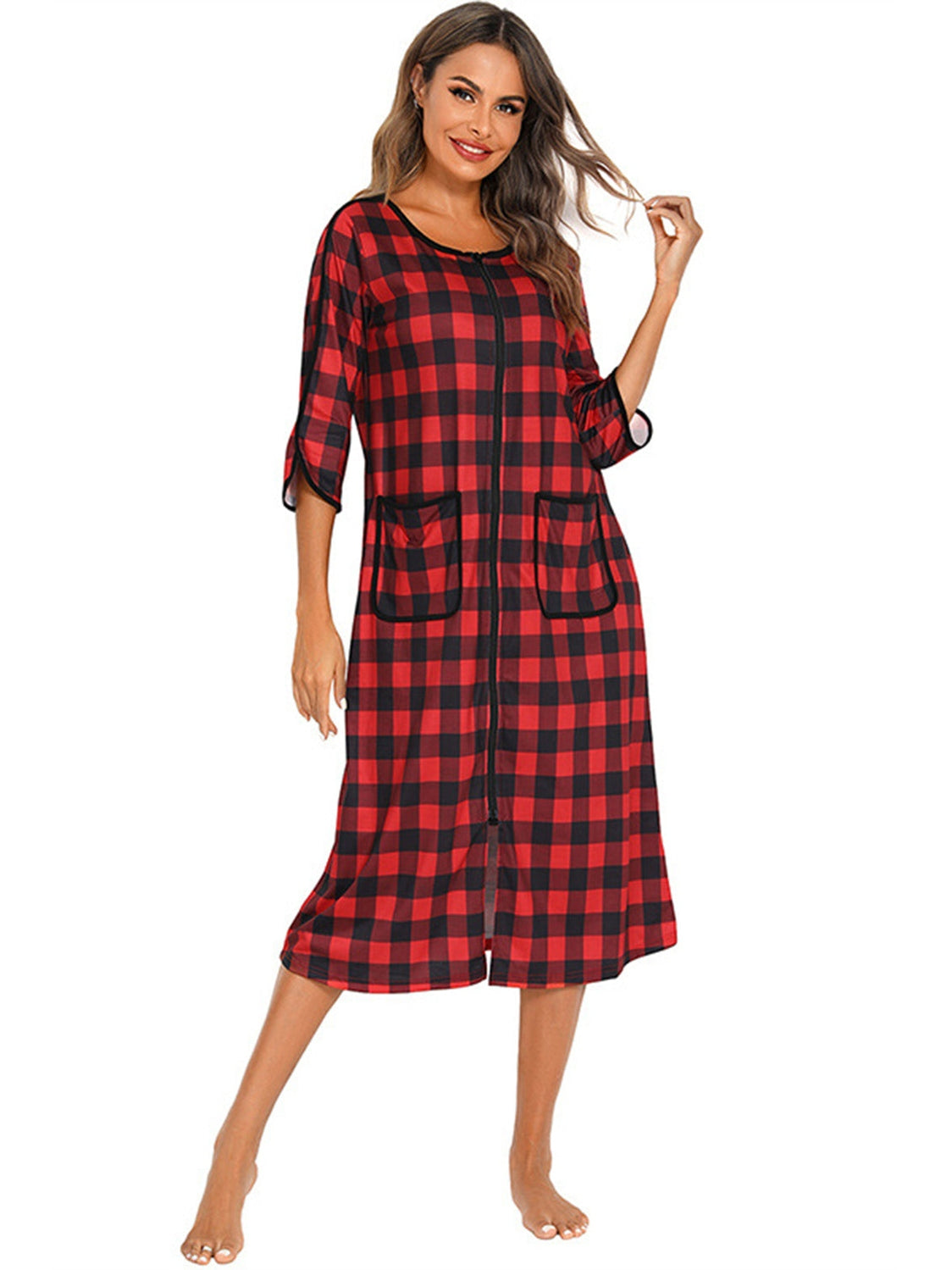 Round Neck Three-Quarter Sleeve Midi Night Dress nicholesgifts