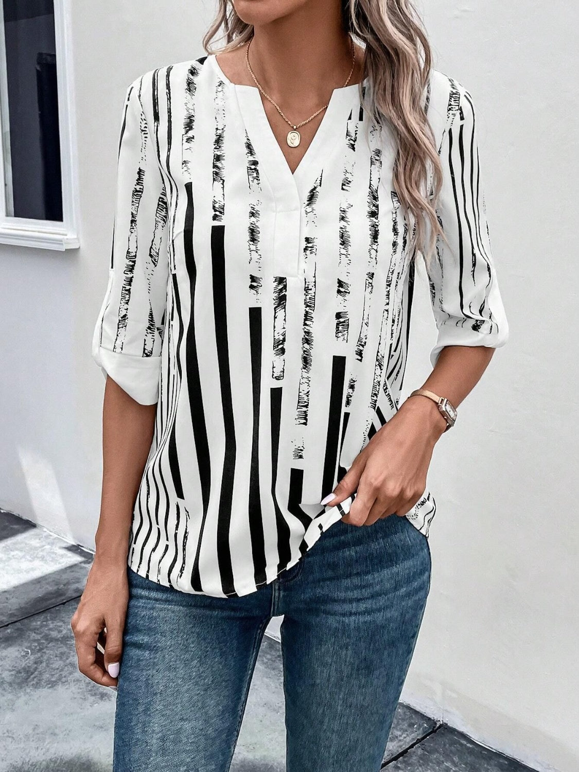 Striped Notched Half Sleeve Blouse nicholesgifts