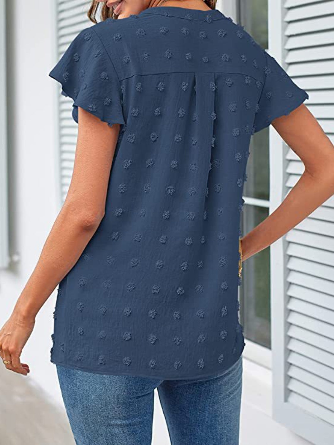 Swiss Dot Notched Cap Sleeve Blouse nicholesgifts