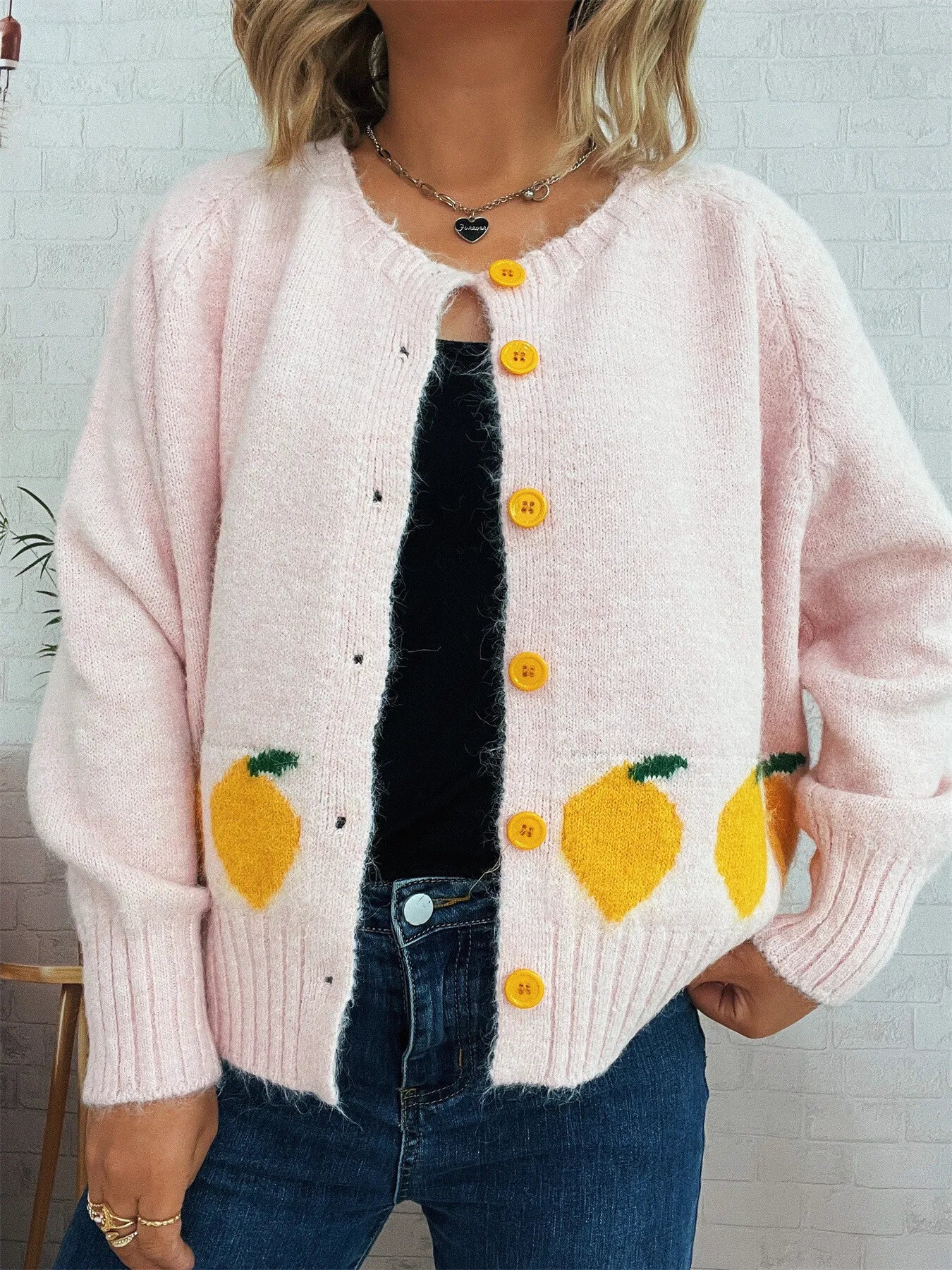 Lemon Pattern Button-Up Cardigan
