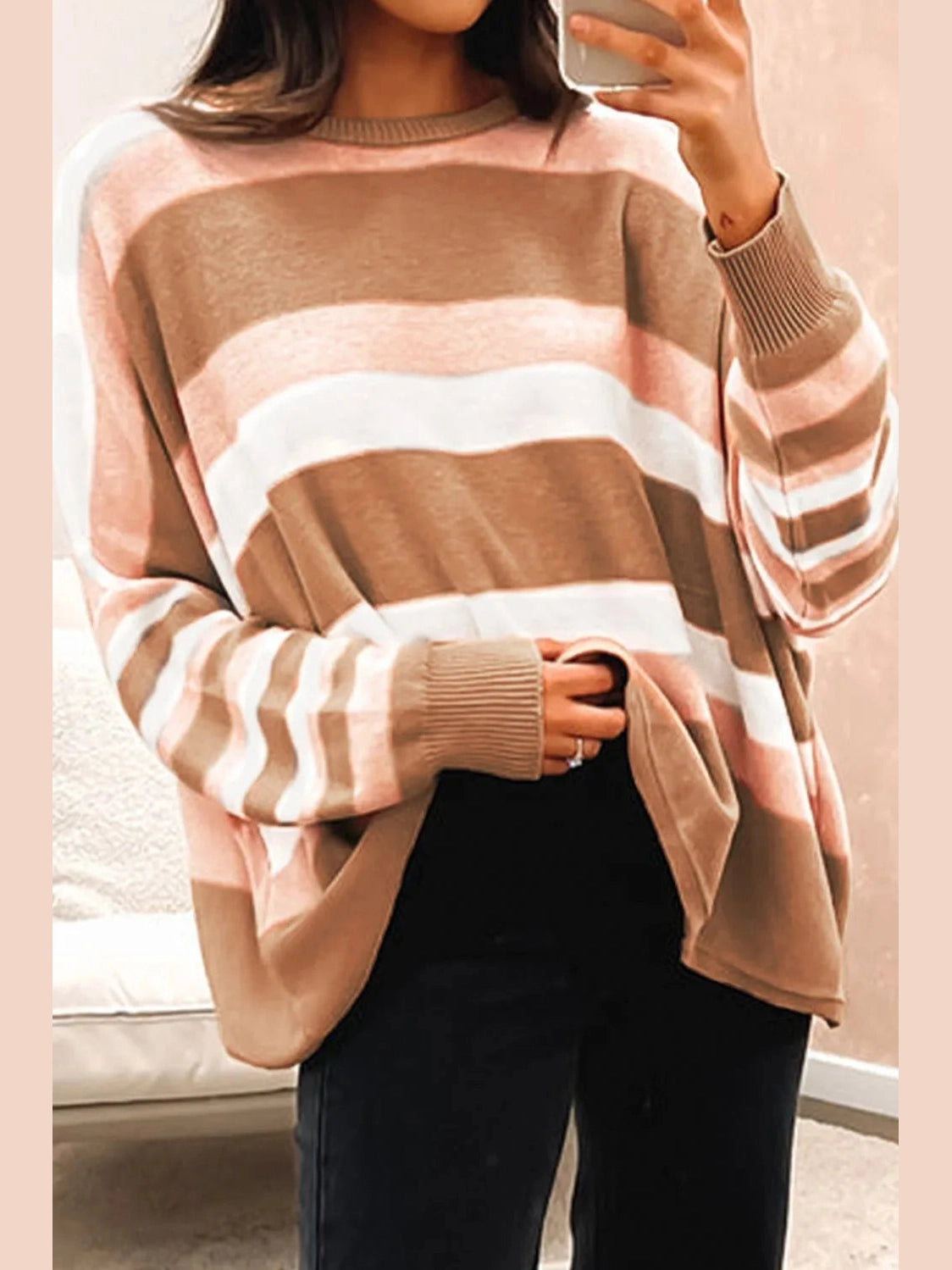 Striped Round Neck Long Sleeve Sweater Trendsi