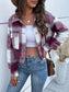 Women Perfee Plaid Button Up Drop Shoulder Cropped Jacket nicholesgifts
