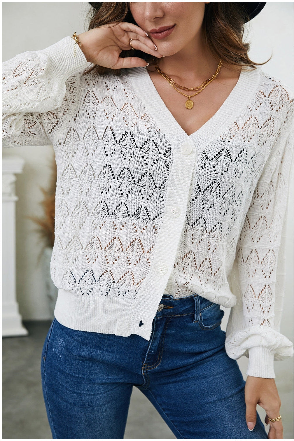 Openwork V-Neck Cardigan nicholesgifts