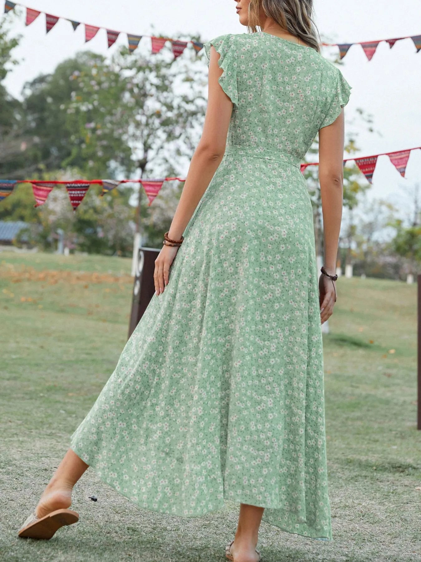 Printed Surplice Ruffle Sleeve Dress NicholesGifts