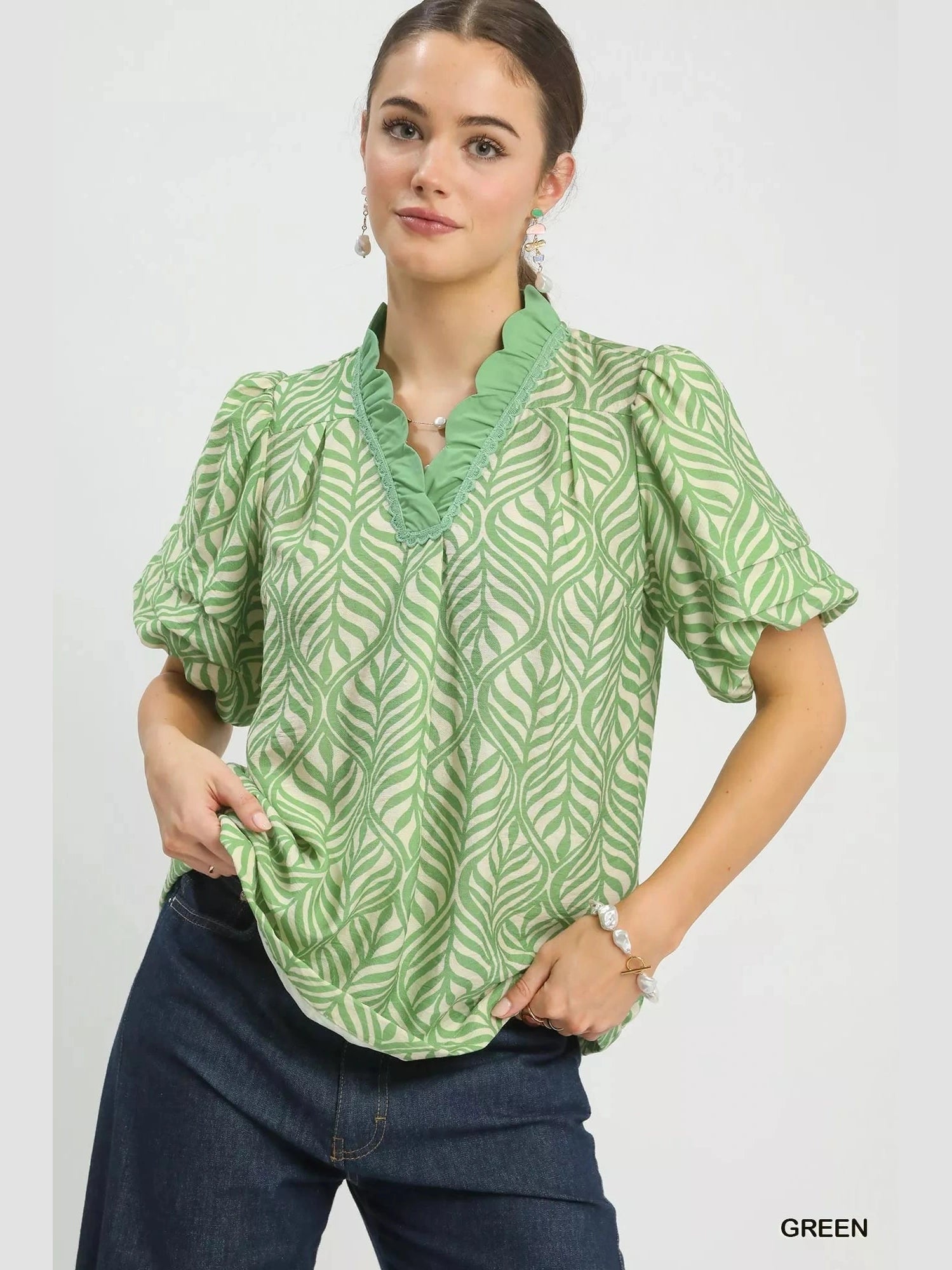 Umgee Printed Puff Sleeve Ruffle Neck Top Trendsi