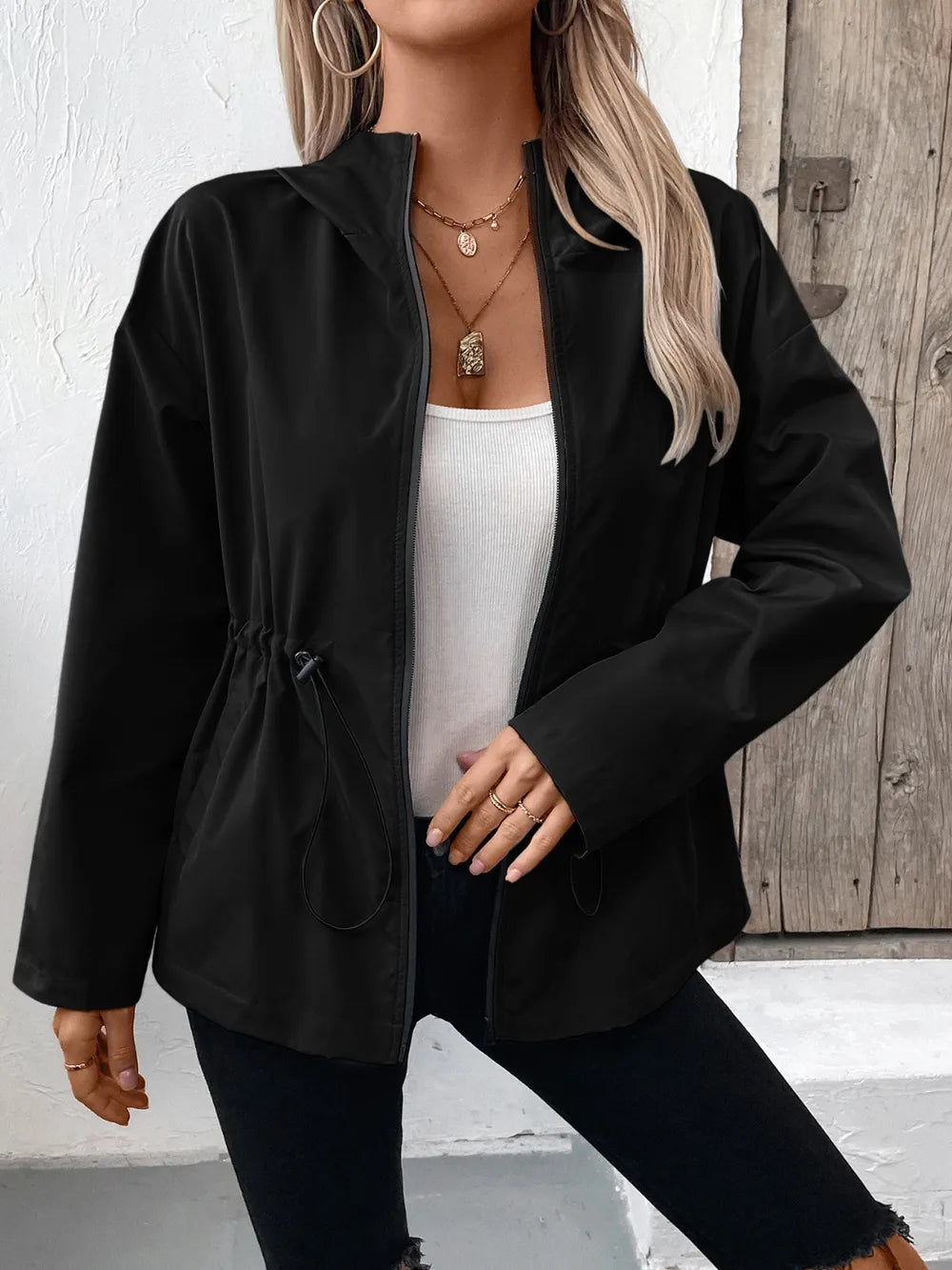 Ivy Lane Drawstring Zip Up Hooded Jacket nicholesgifts