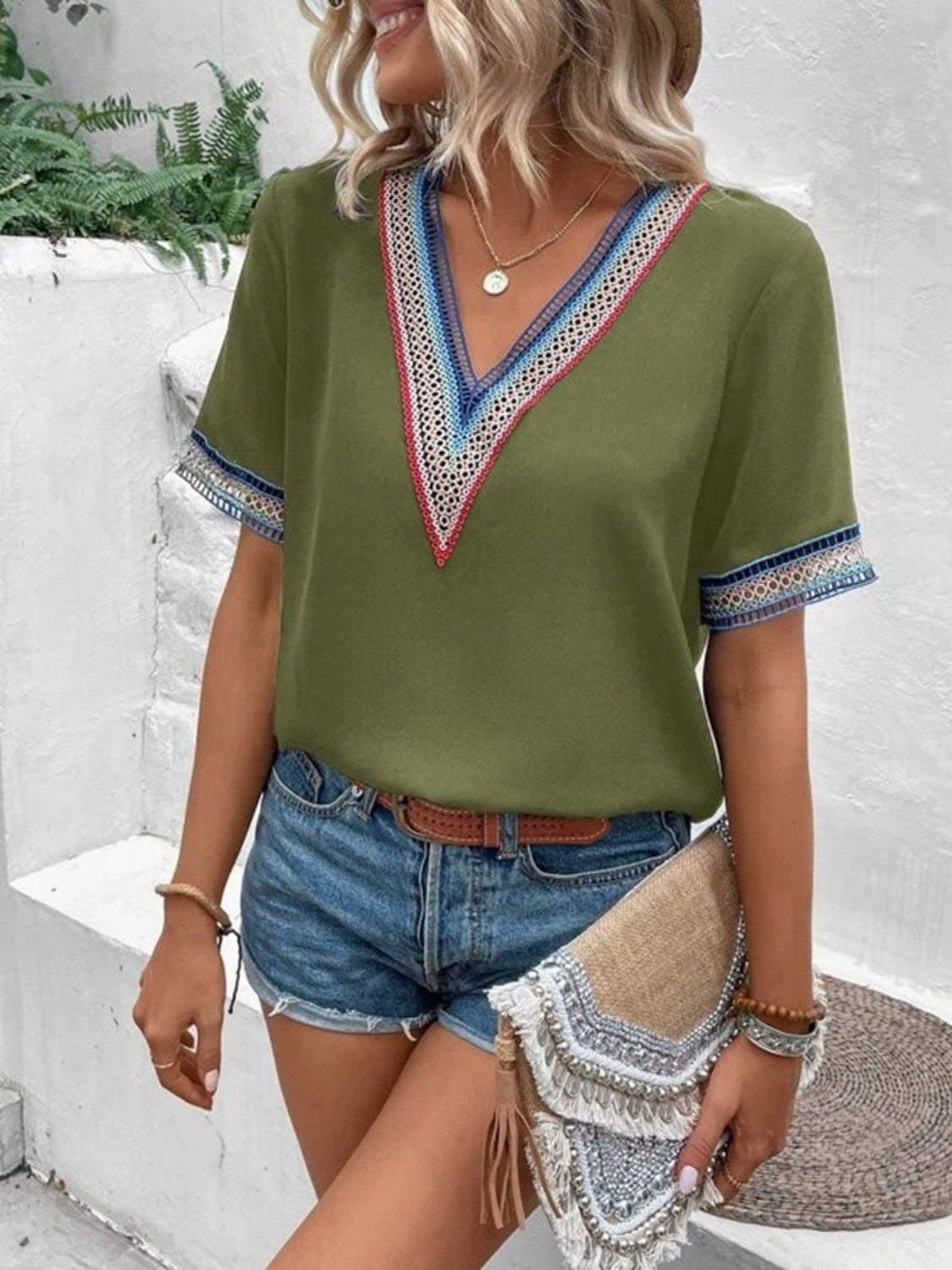 Full Size V-Neck Short Sleeve Blouse nicholesgifts