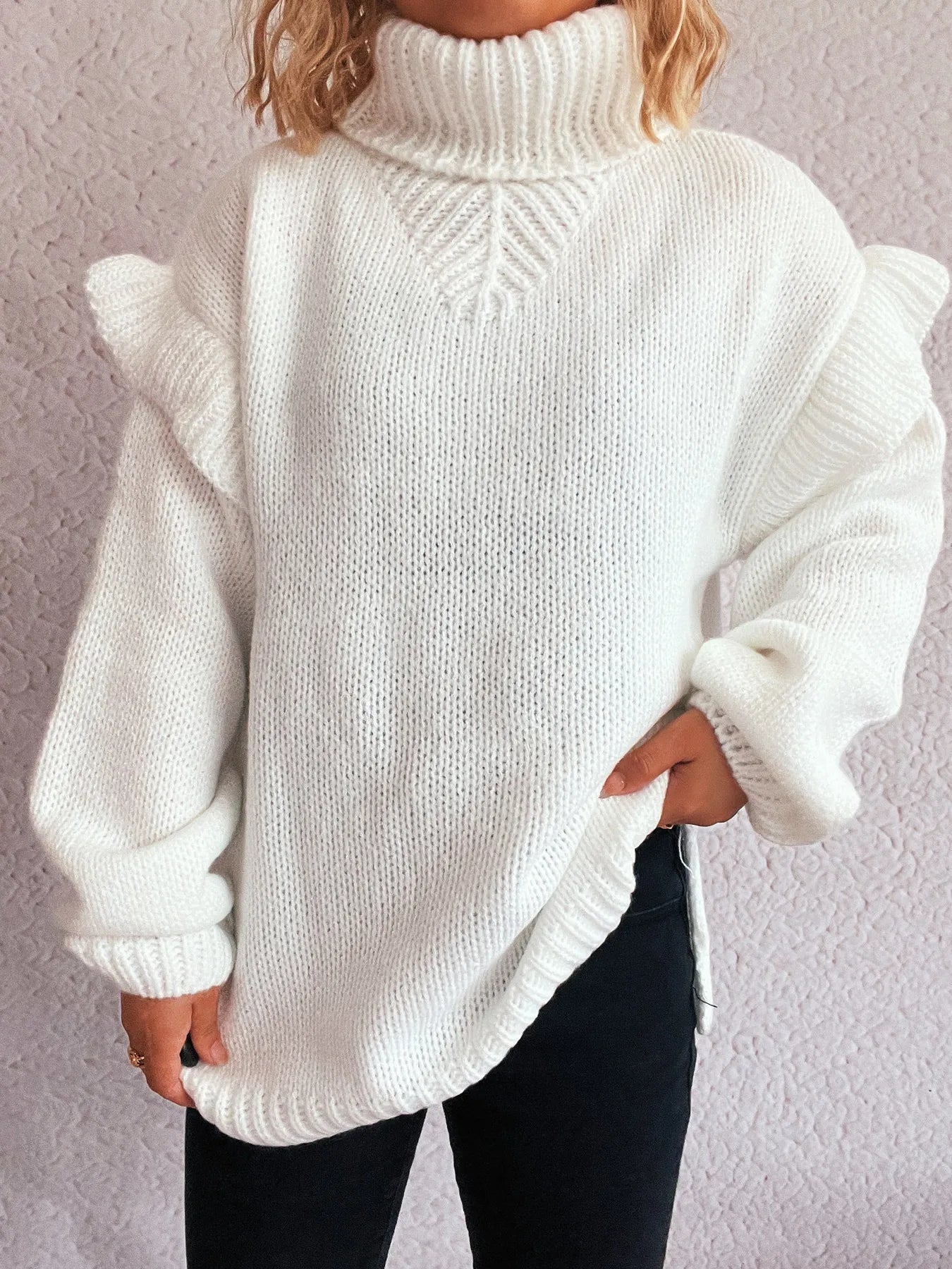 Women Ruffled Turtleneck Long Sleeve Sweater