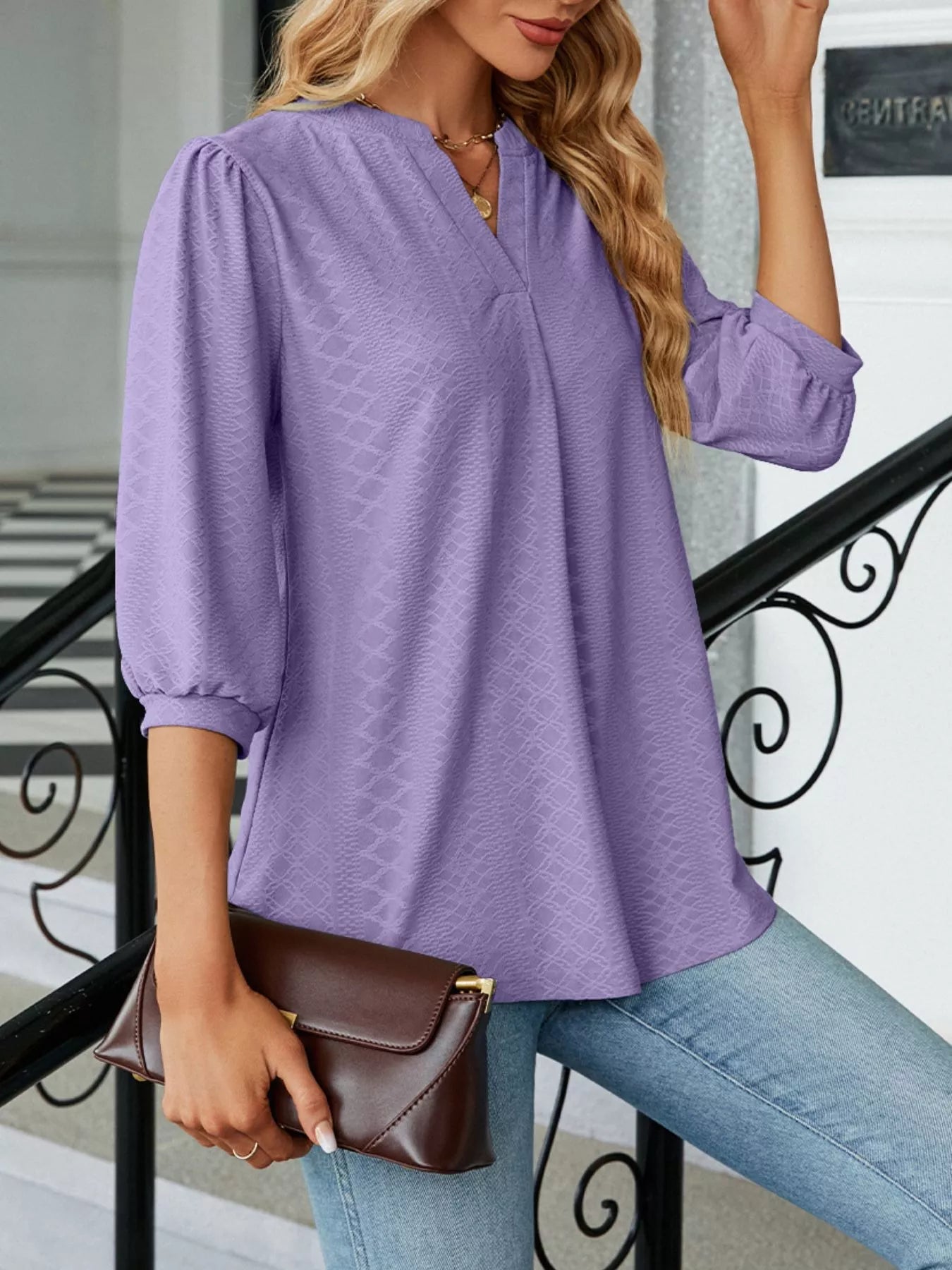 Notched 3/4 Sleeve Casual Top Trendsi