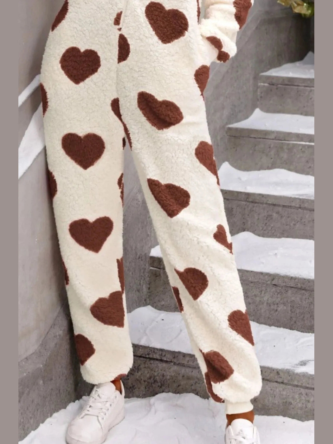 Fuzzy Heart Zip Up Hooded Lounge Jumpsuit nicholesgifts