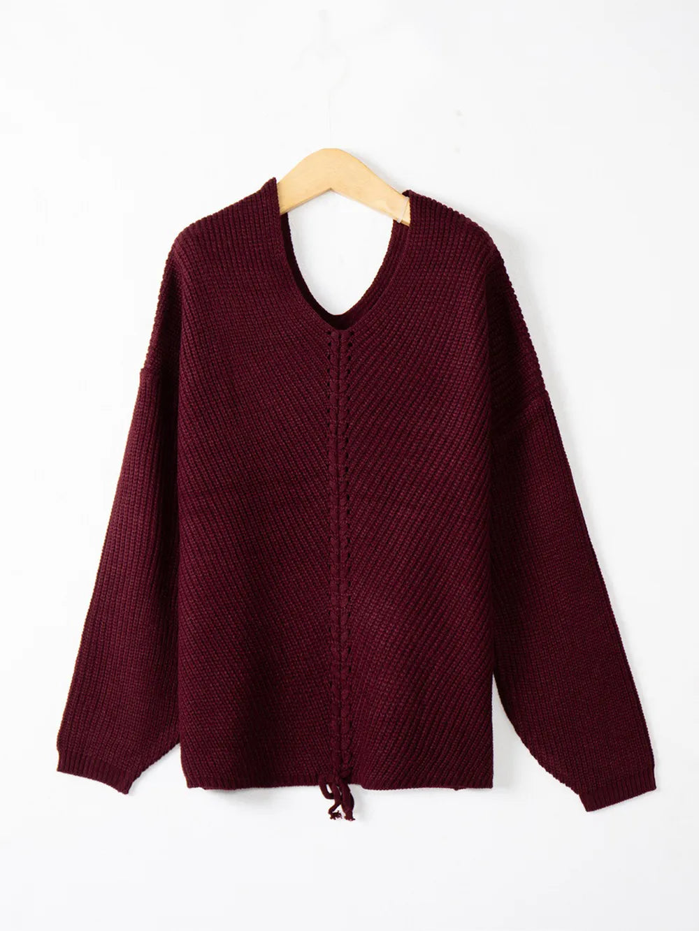 Full Size Lace Up V-Neck Long Sleeve Sweater Trendsi