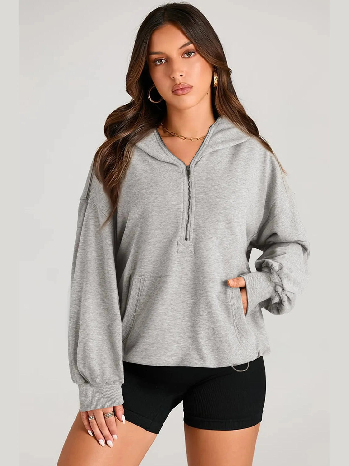 Pocketed Half Zip Long Sleeve Hoodie Trendsi
