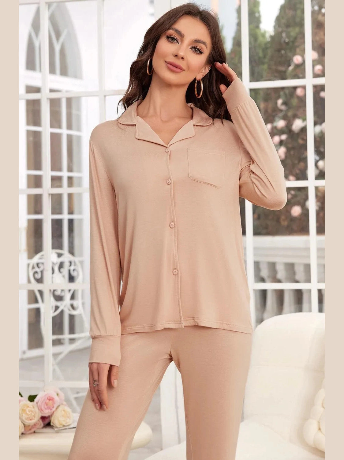 Button Up Long Sleeve Top and Pants Lounge Set nicholesgifts