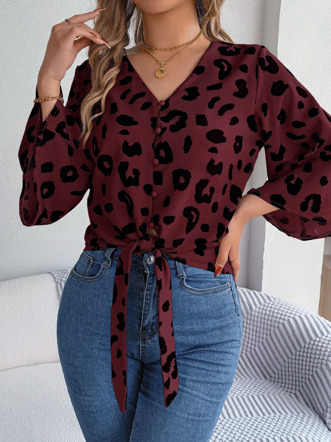 Tied Button Up Leopard V-Neck Blouse nicholesgifts