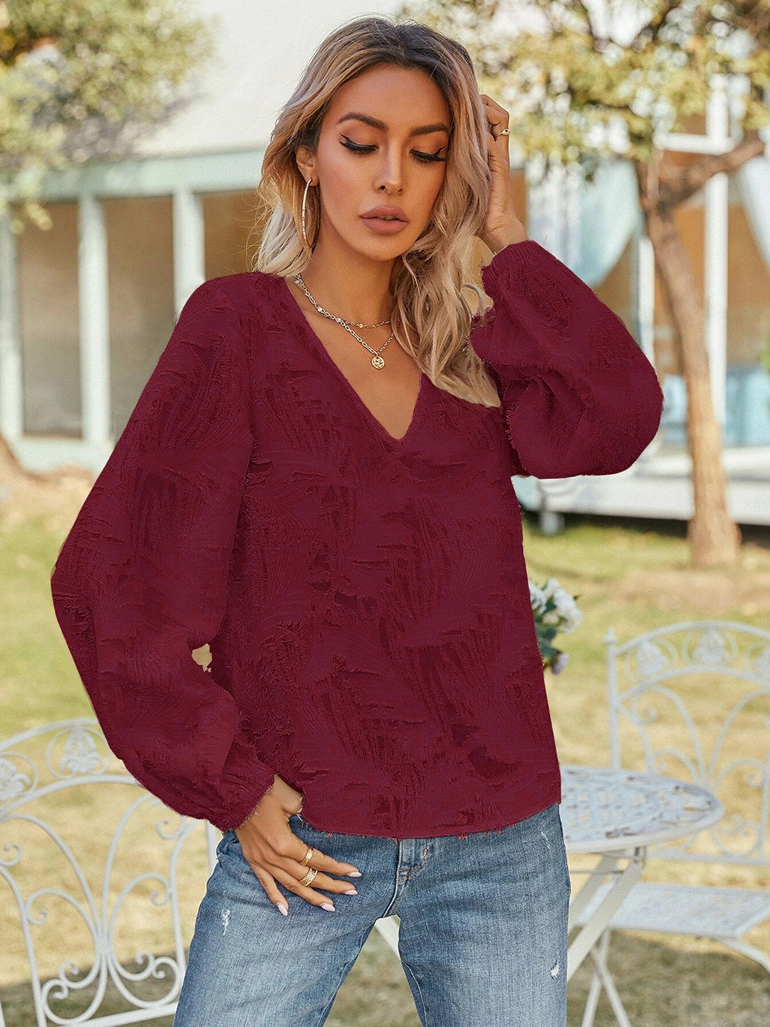 V-Neck Long Sleeve Blouse nicholesgifts