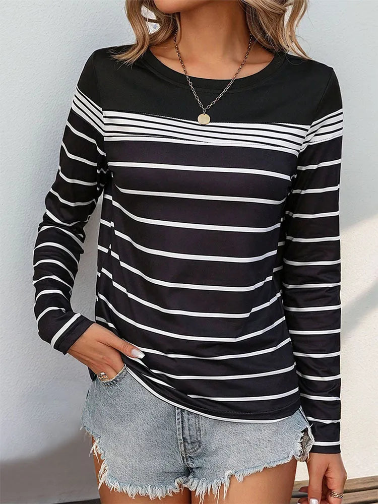 Perfee Striped Round Neck Long Sleeve T-Shirt NicholesGifts