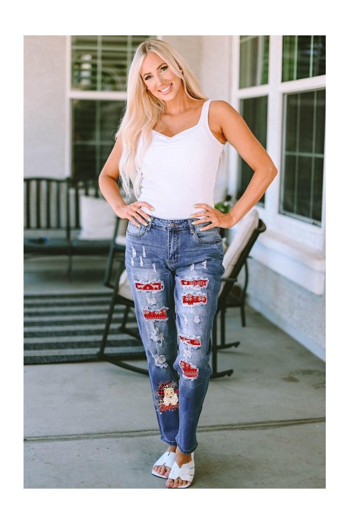 Santa Graphic Distressed Straight Jeans NicholesGifts