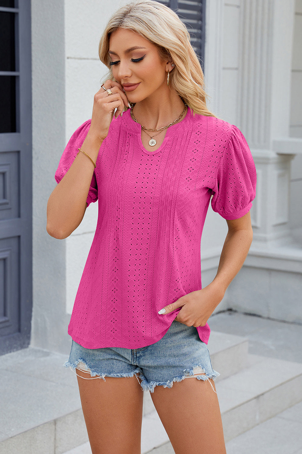 Eyelet Notched Puff Sleeve Blouse nicholesgifts