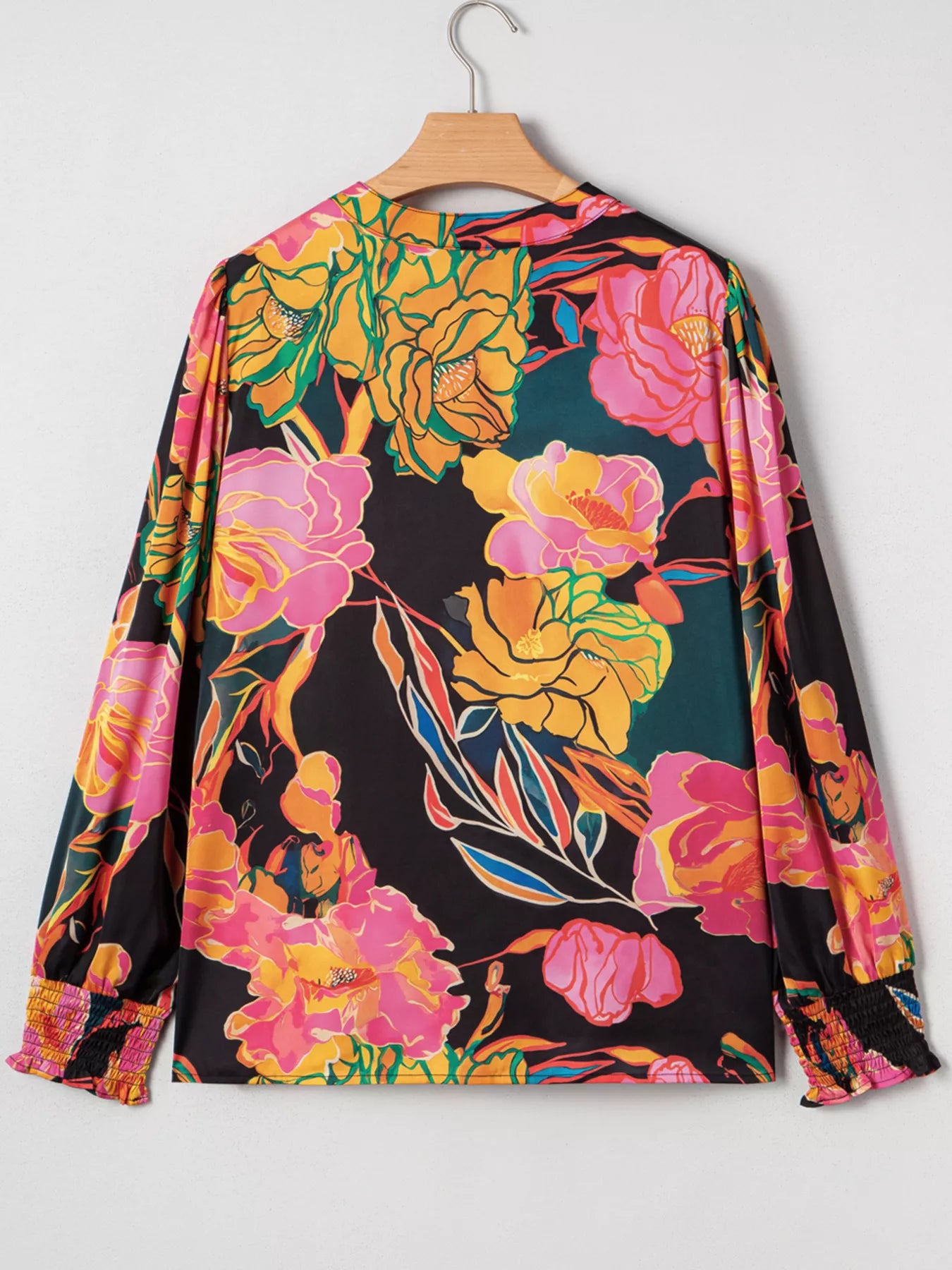 Floral Print Smocked Cuffs Puff Sleeve Blouse