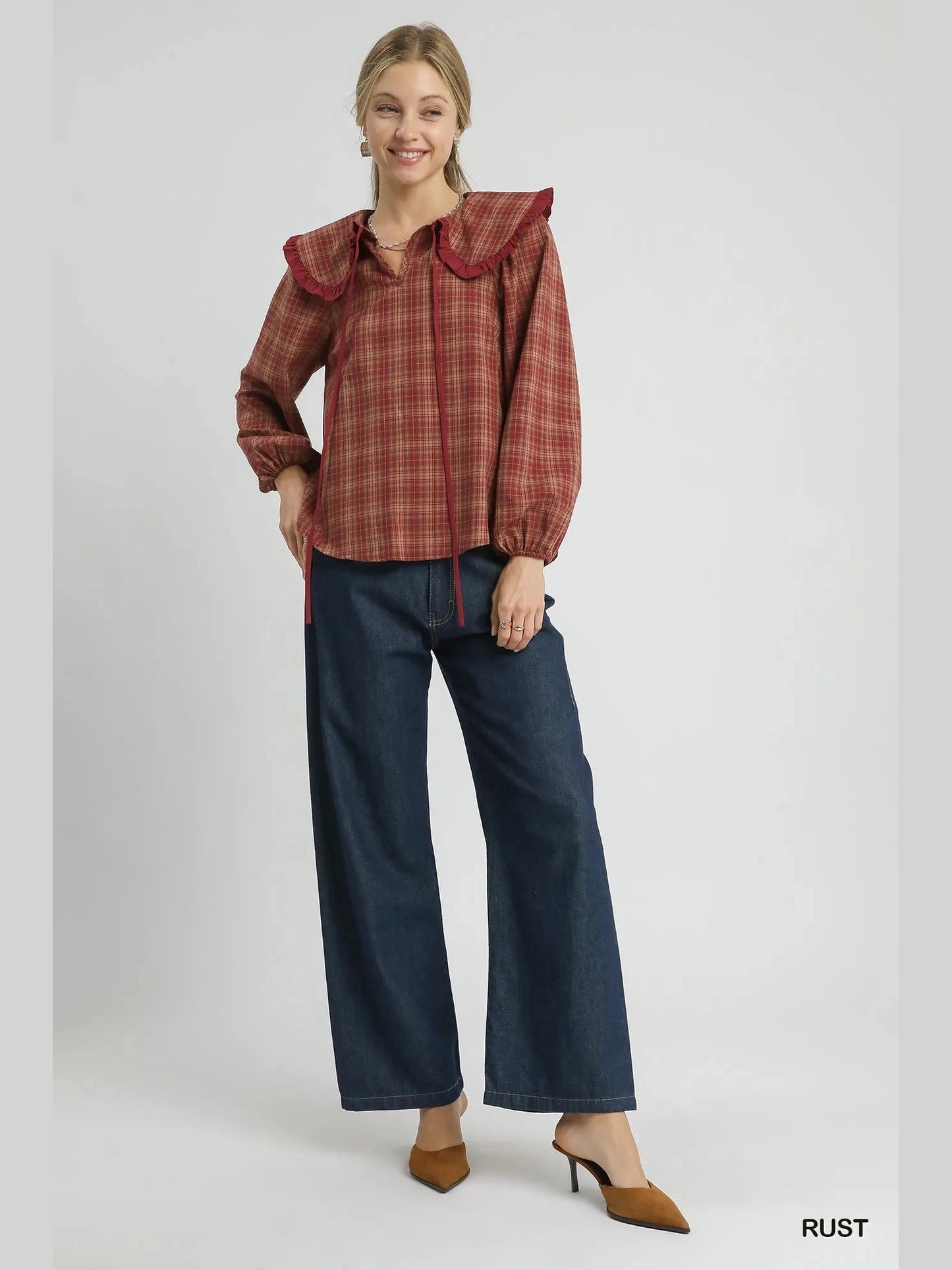 Umgee Full Size Plaid Ruffle Collar Blouse Plus Size NicholesGifts