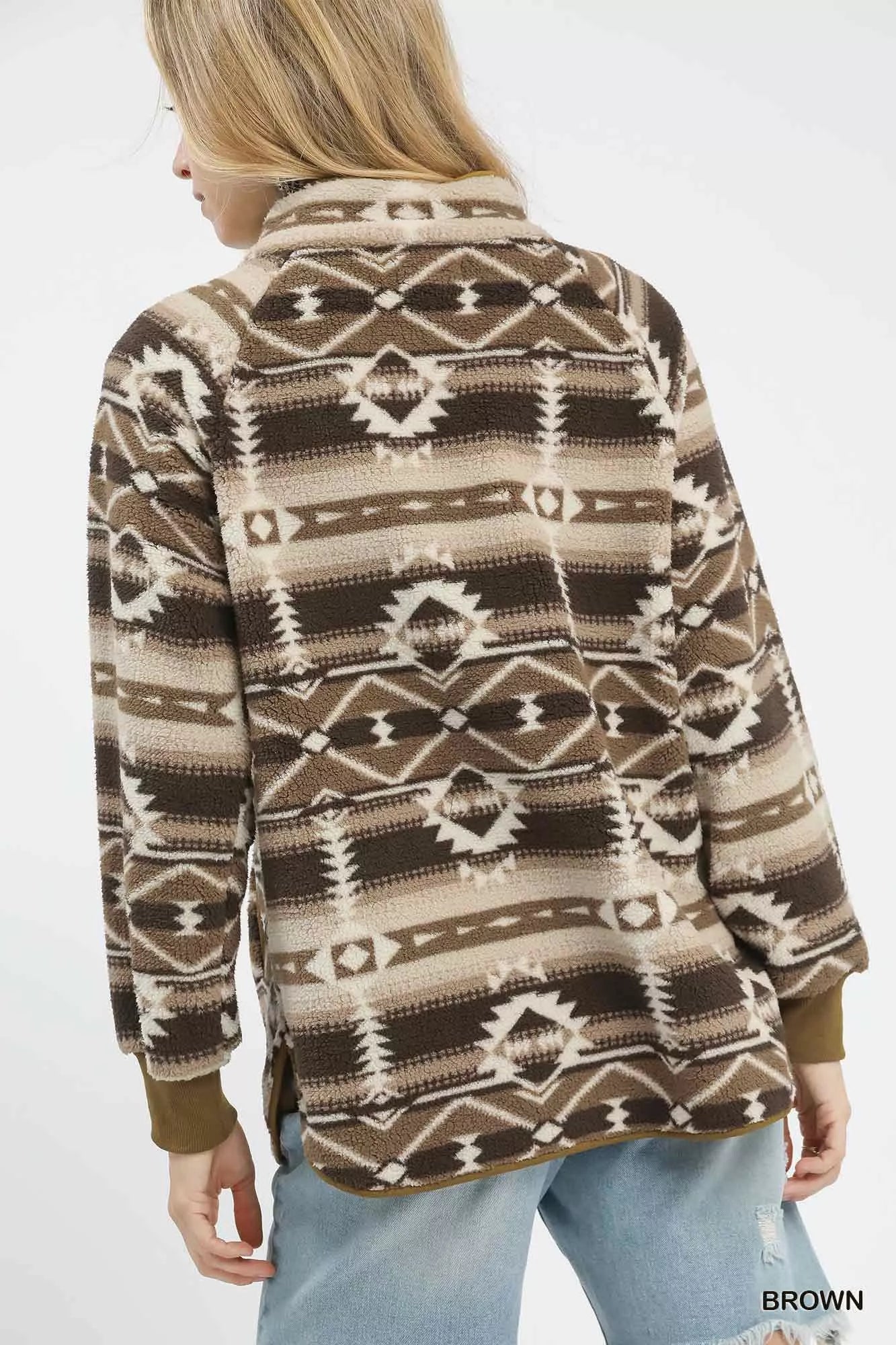 Umgee Aztec Print Sherpa Pullover Trendsi