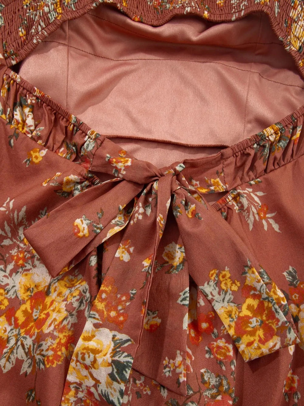 Floral Puff Sleeve Square Neck Knot Open Back Mini Dress NicholesGifts
