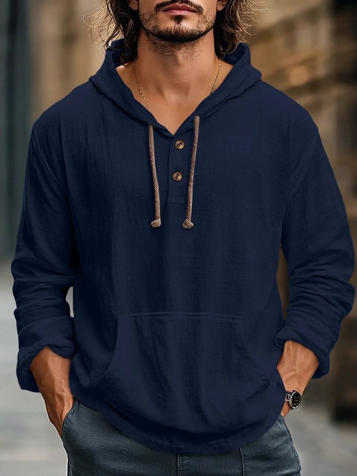Men's Full Size Drawstring Long Sleeve Hoodie with Button Details Plus Size NicholesGifts