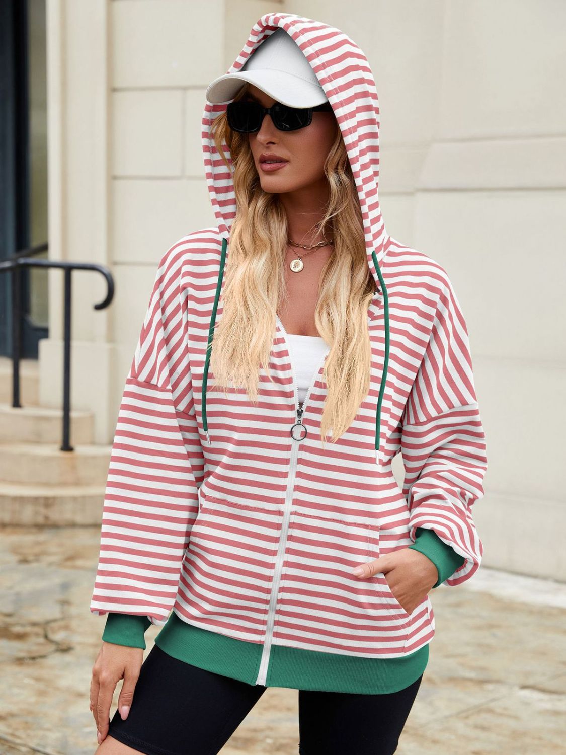 Women Drawstring Striped Zip Up Long Sleeve Hoodie nicholesgifts