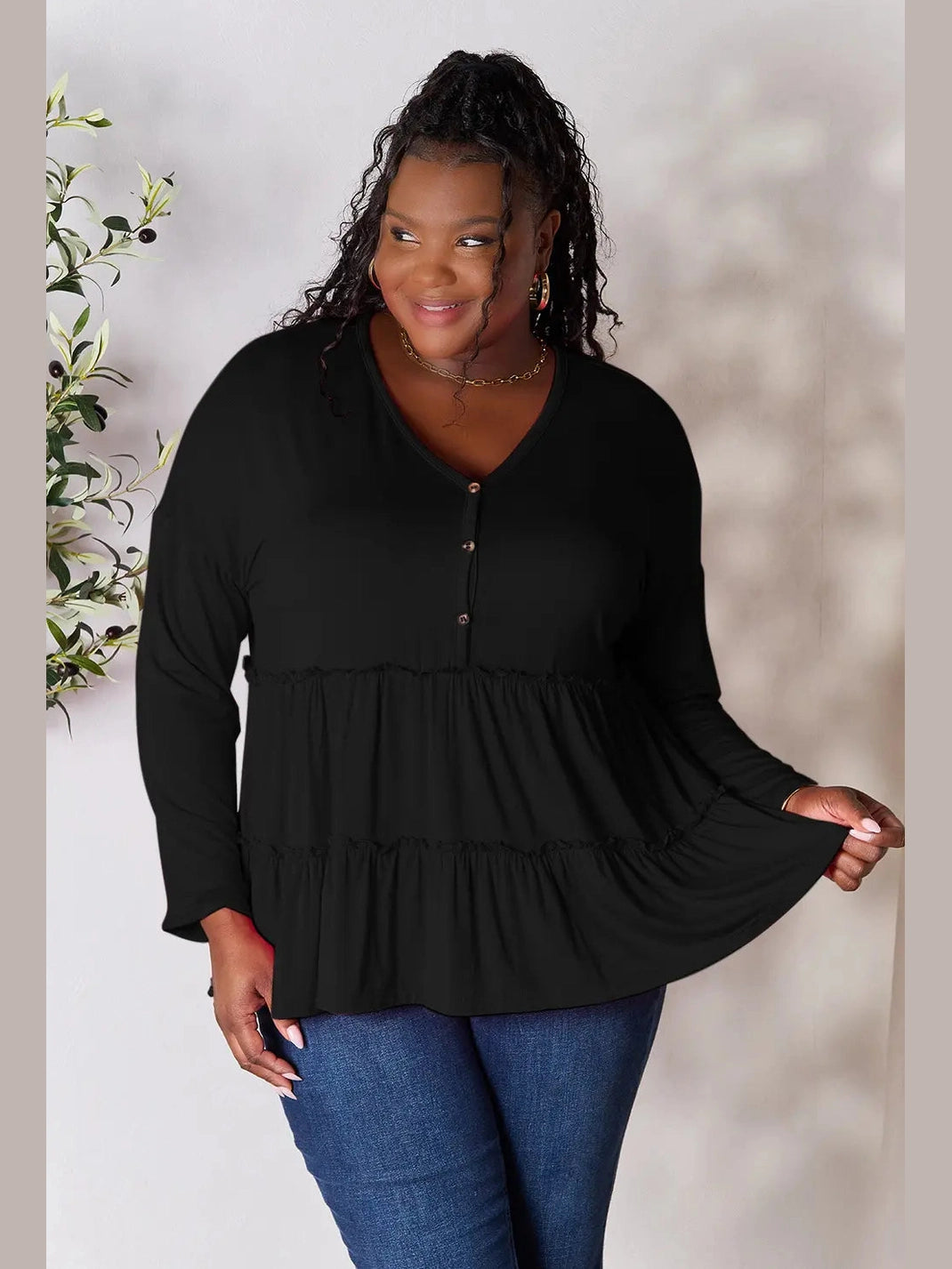 Double Take Half Button Long Sleeve Ruffle Hem Blouse nicholesgifts