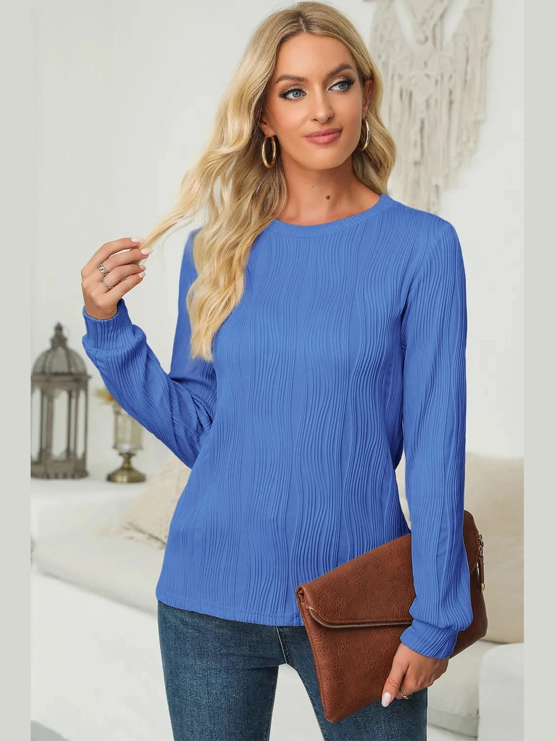 Textured Round Neck Long Sleeve Blouse NicholesGifts