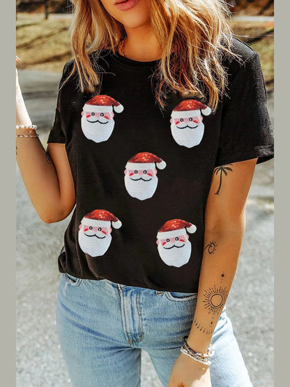 Women Sequin Santa Round Neck Short Sleeve T-Shirt nicholesgifts