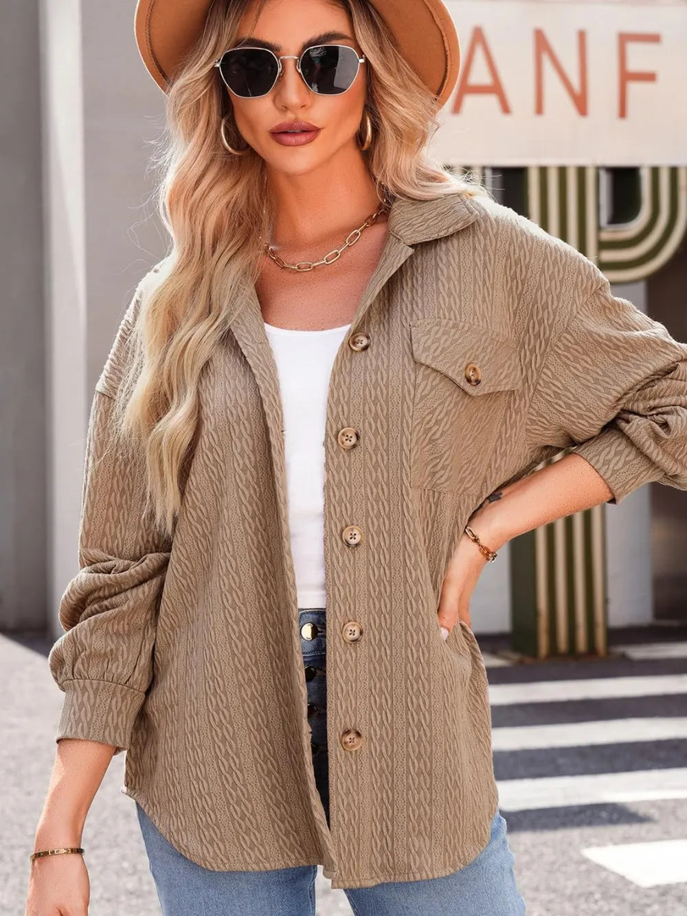 Textured Button Up Long Sleeve Shacket nicholesgifts