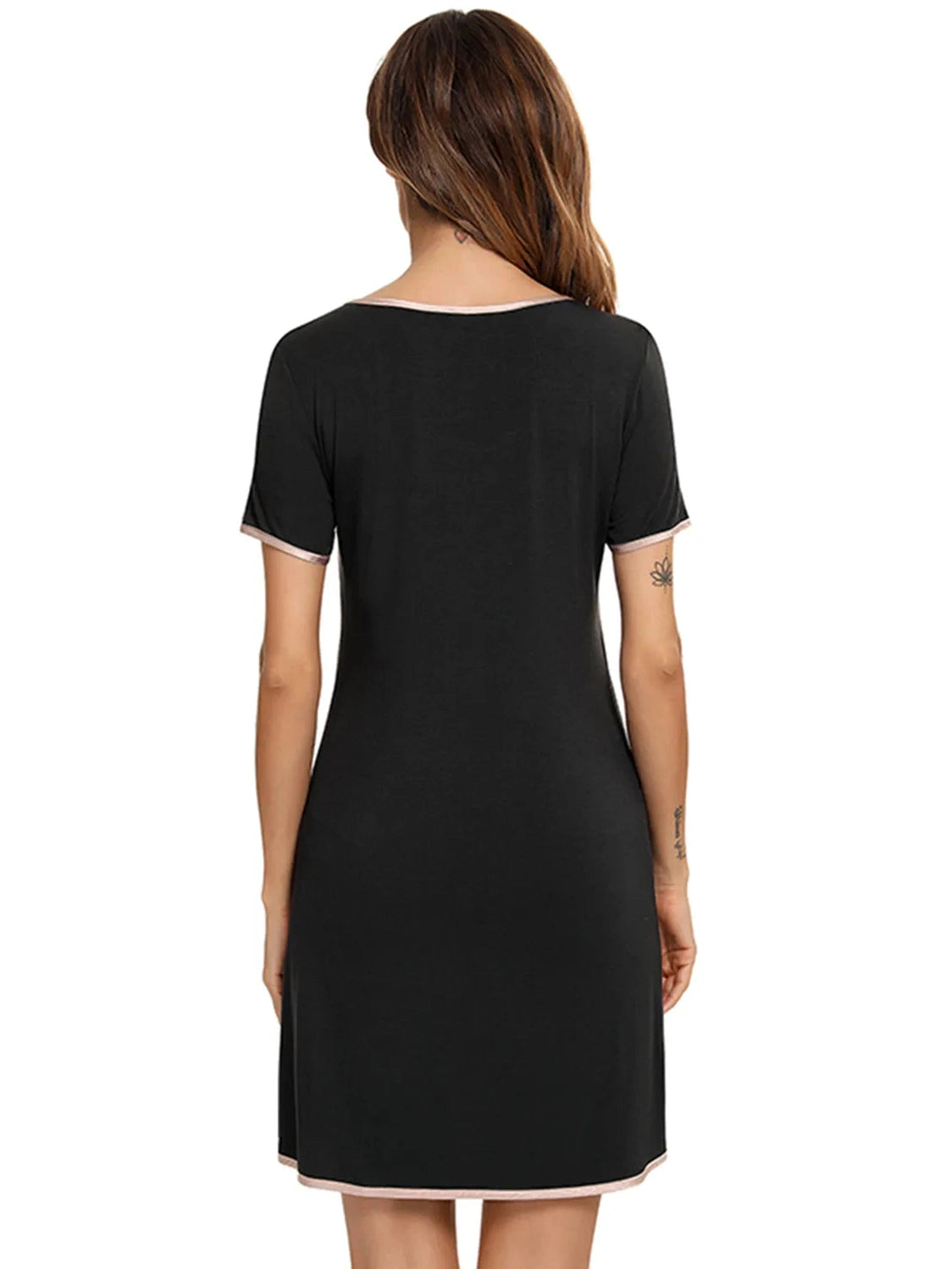 Contrast Trim Pocketed Round Neck Lounge Dress nicholesgifts