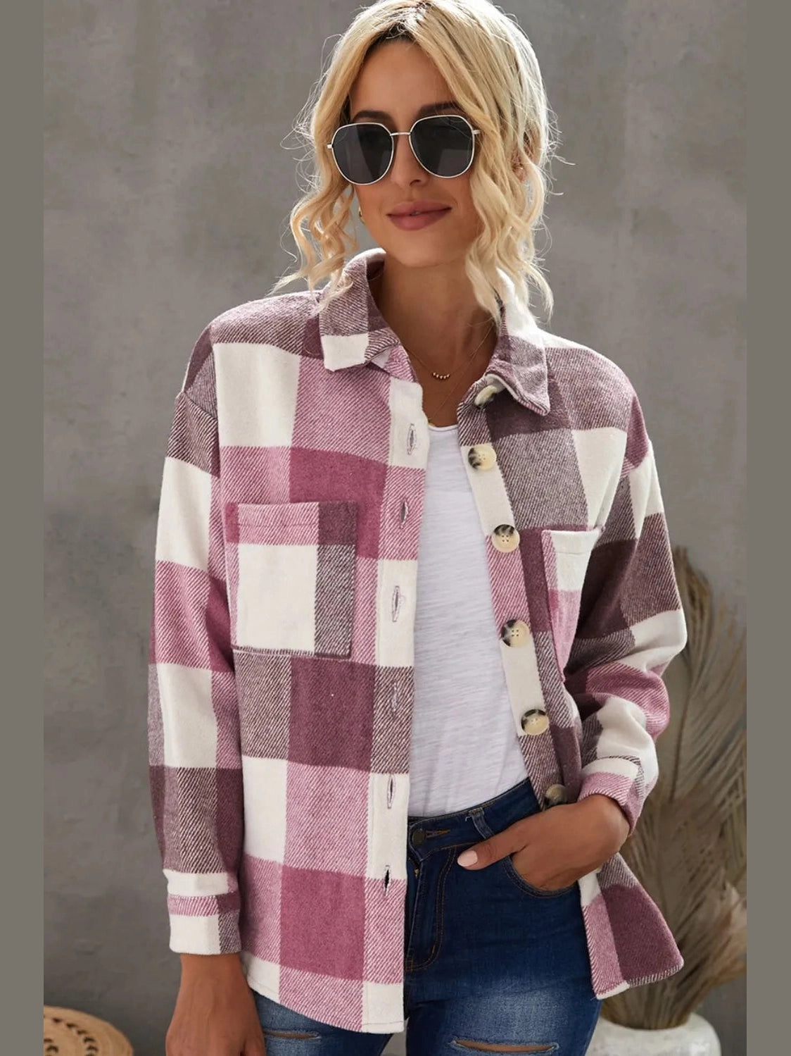 Plaid Button Up Dropped Shoulder Jacket nicholesgifts