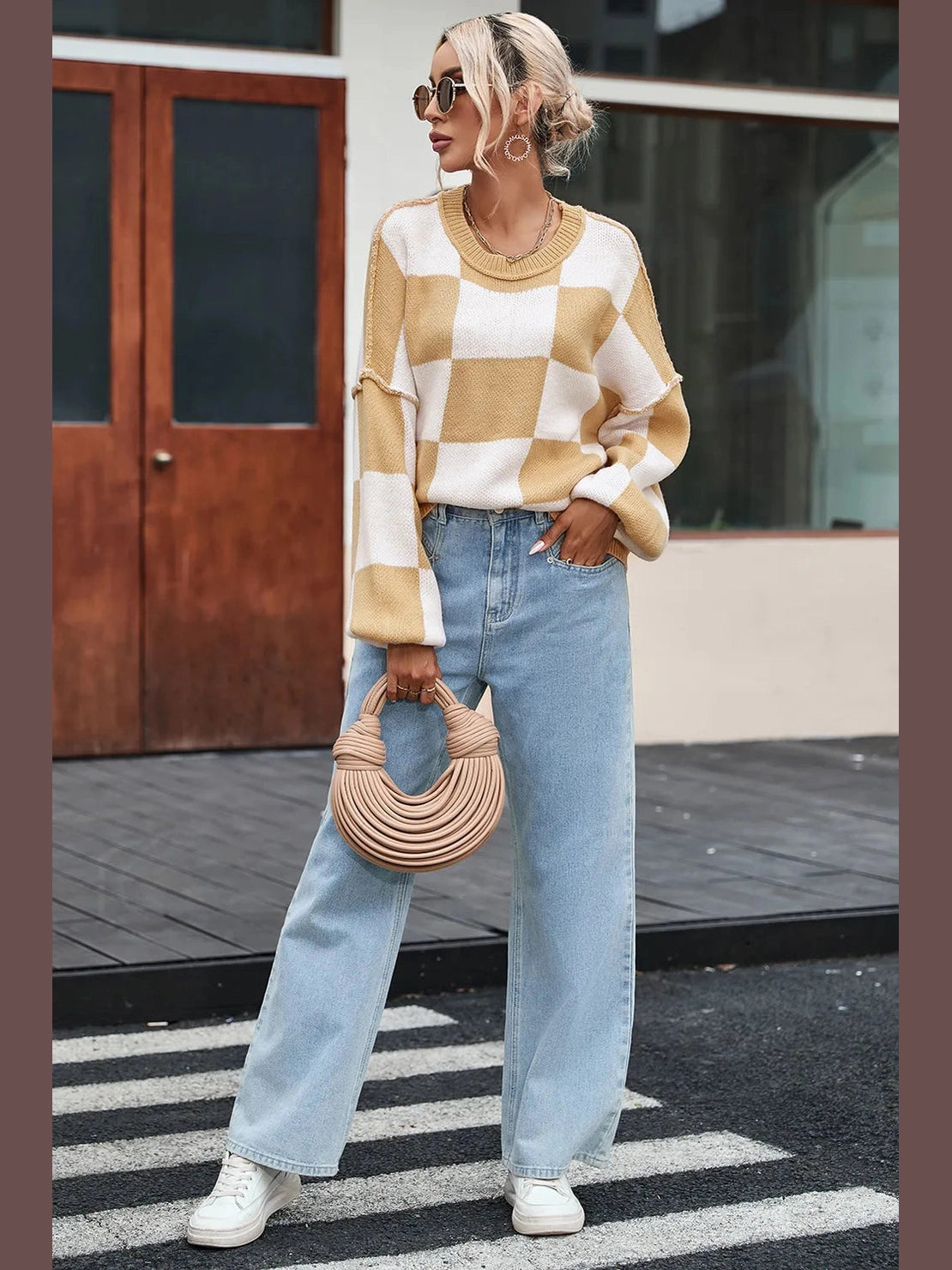 Checkered Exposed Seam Drooped Shoulder Sweater nicholesgifts