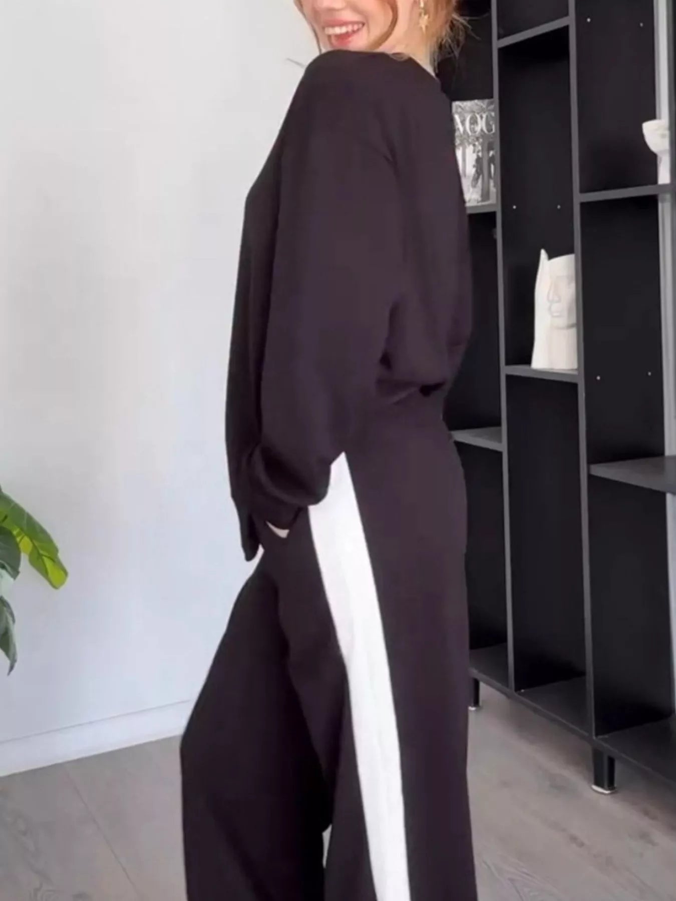 Full Size Contrast Round Neck Top and Pants Set Plus Size nicholesgifts