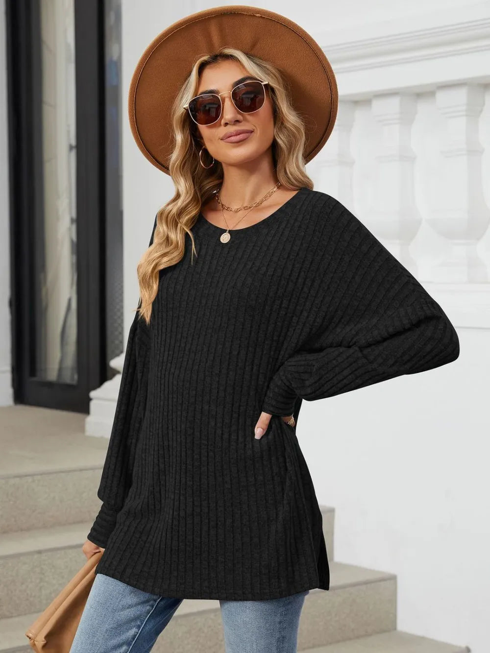 Ribbed Round Neck Long Sleeve T-Shirt NicholesGifts