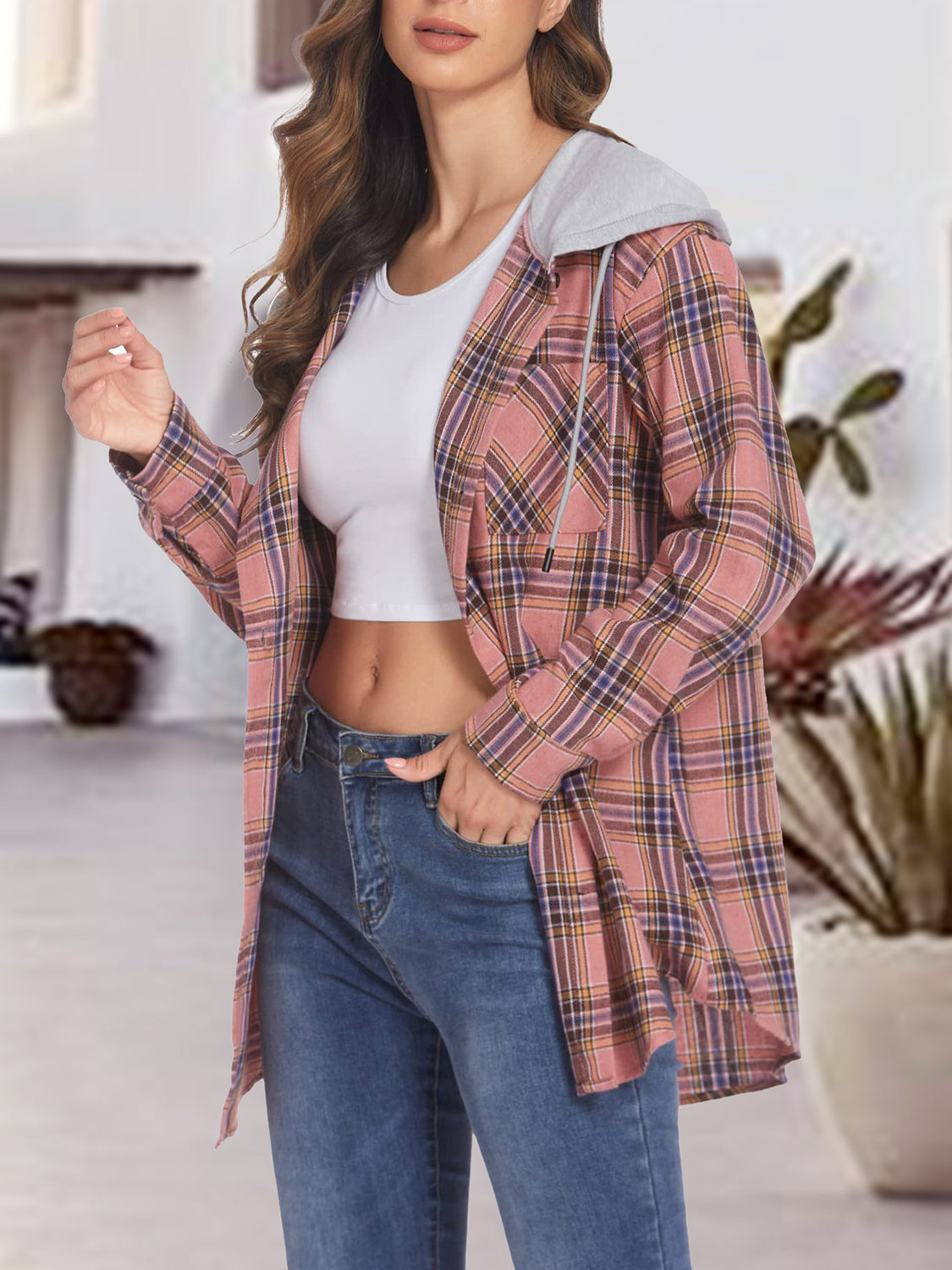 Plaid Drawstring Button Up Hooded Jacket nicholesgifts