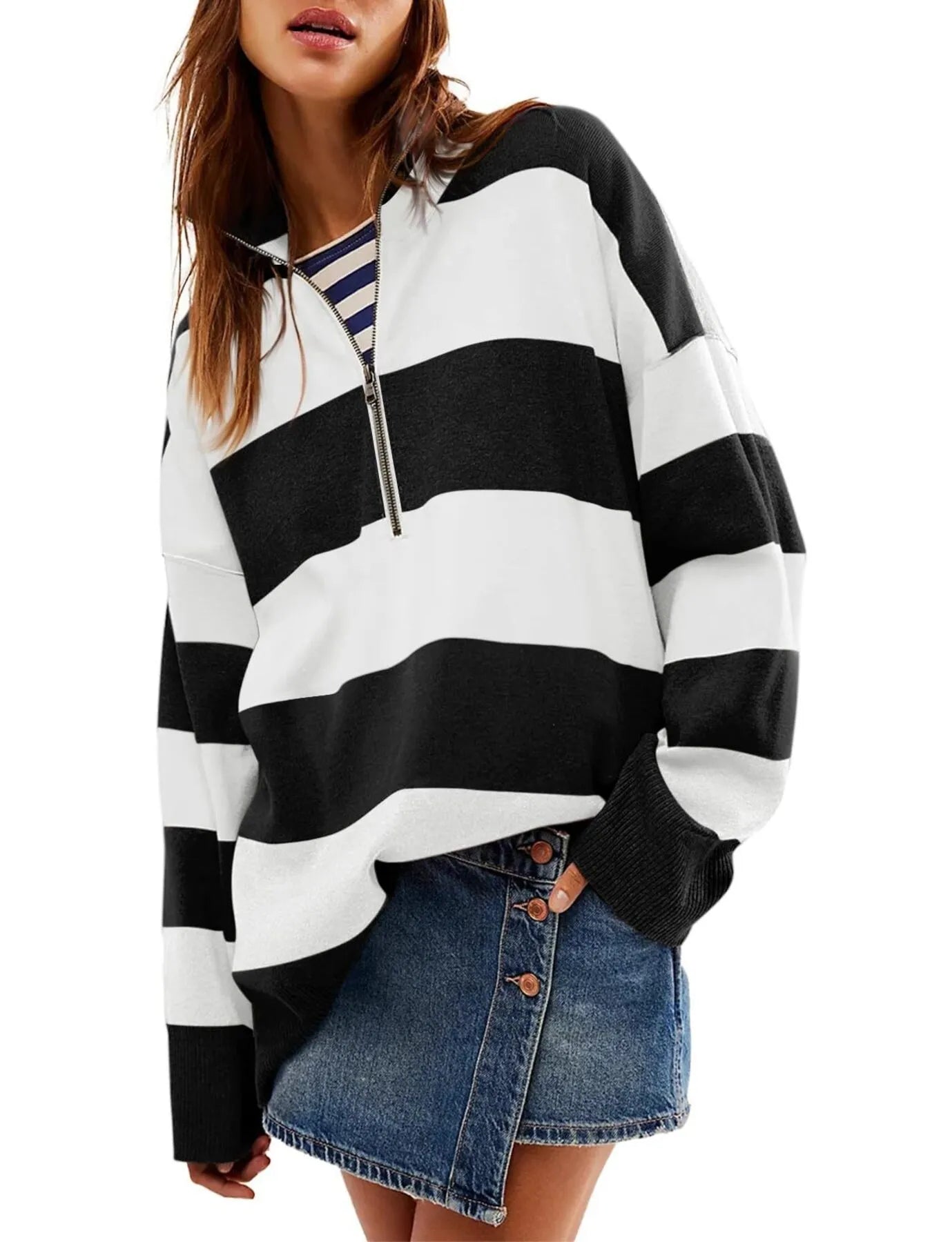 Striped Half-Zip Oversized Sweatshirt NicholesGifts