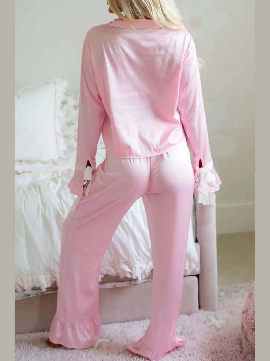 Collared Neck Long Sleeve Top and Pants Lounge Set nicholesgifts