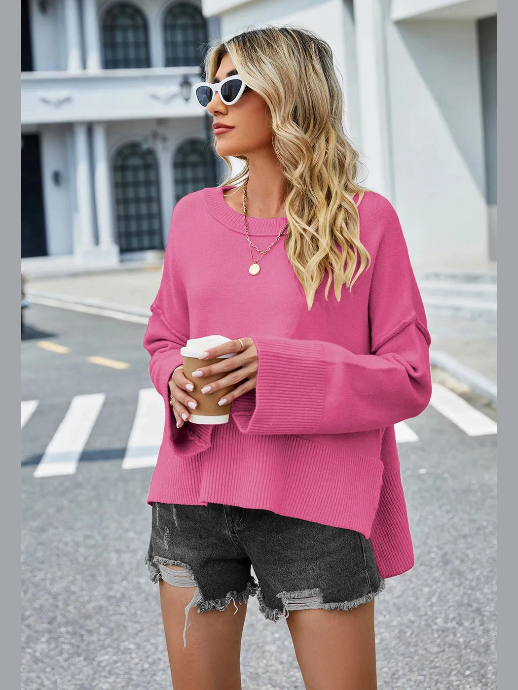 High-Low Slit Round Neck Long Sleeve Sweater nicholesgifts