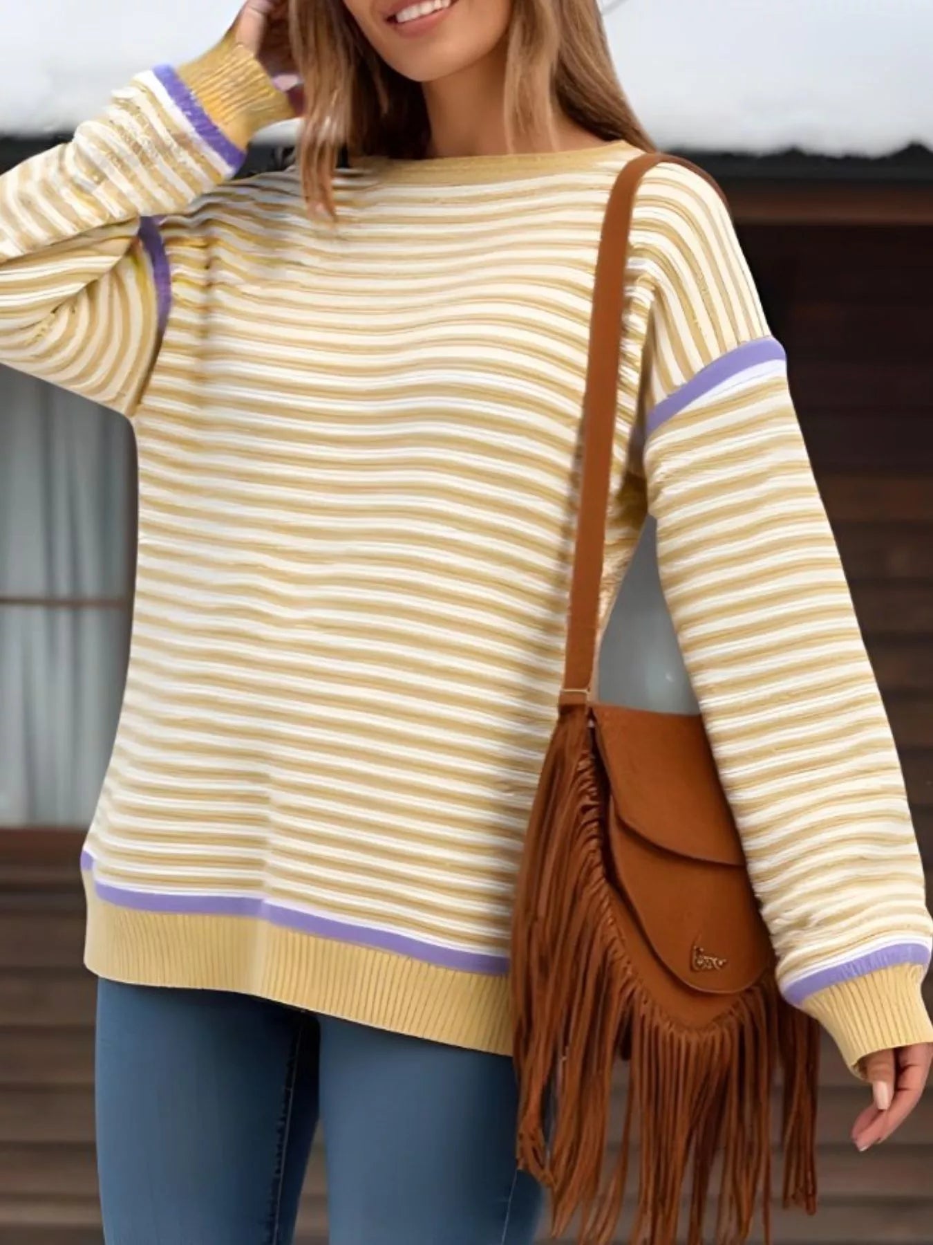 Striped Round Neck Long Sleeve Sweater Trendsi
