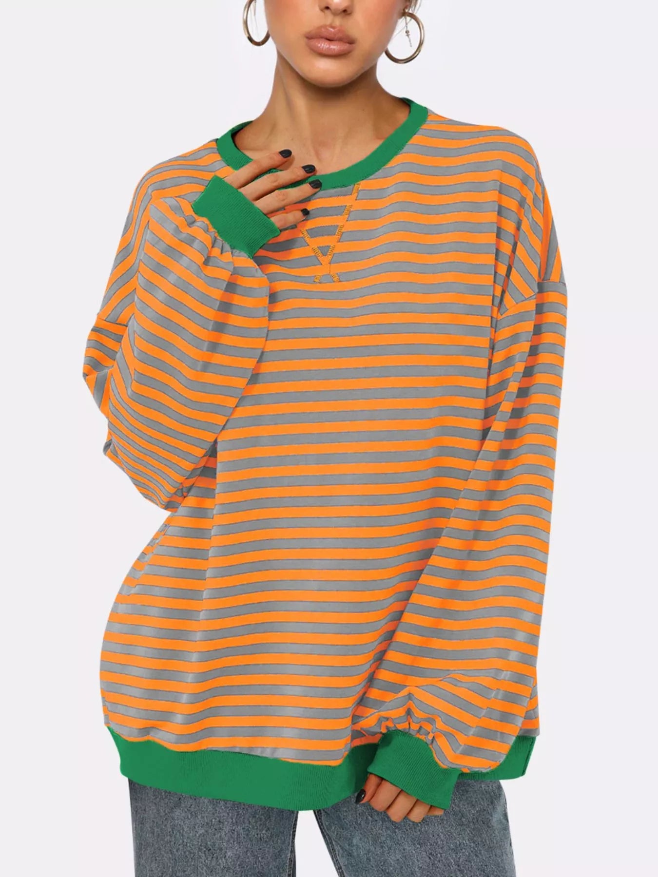 Striped Round Neck Long Sleeve Sweatshirt nicholesgifts